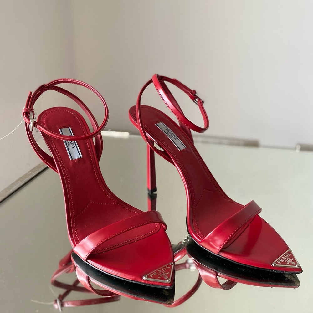 Prada Red Pointed Toe Ankle Strap Heels - Picture 7 of 12
